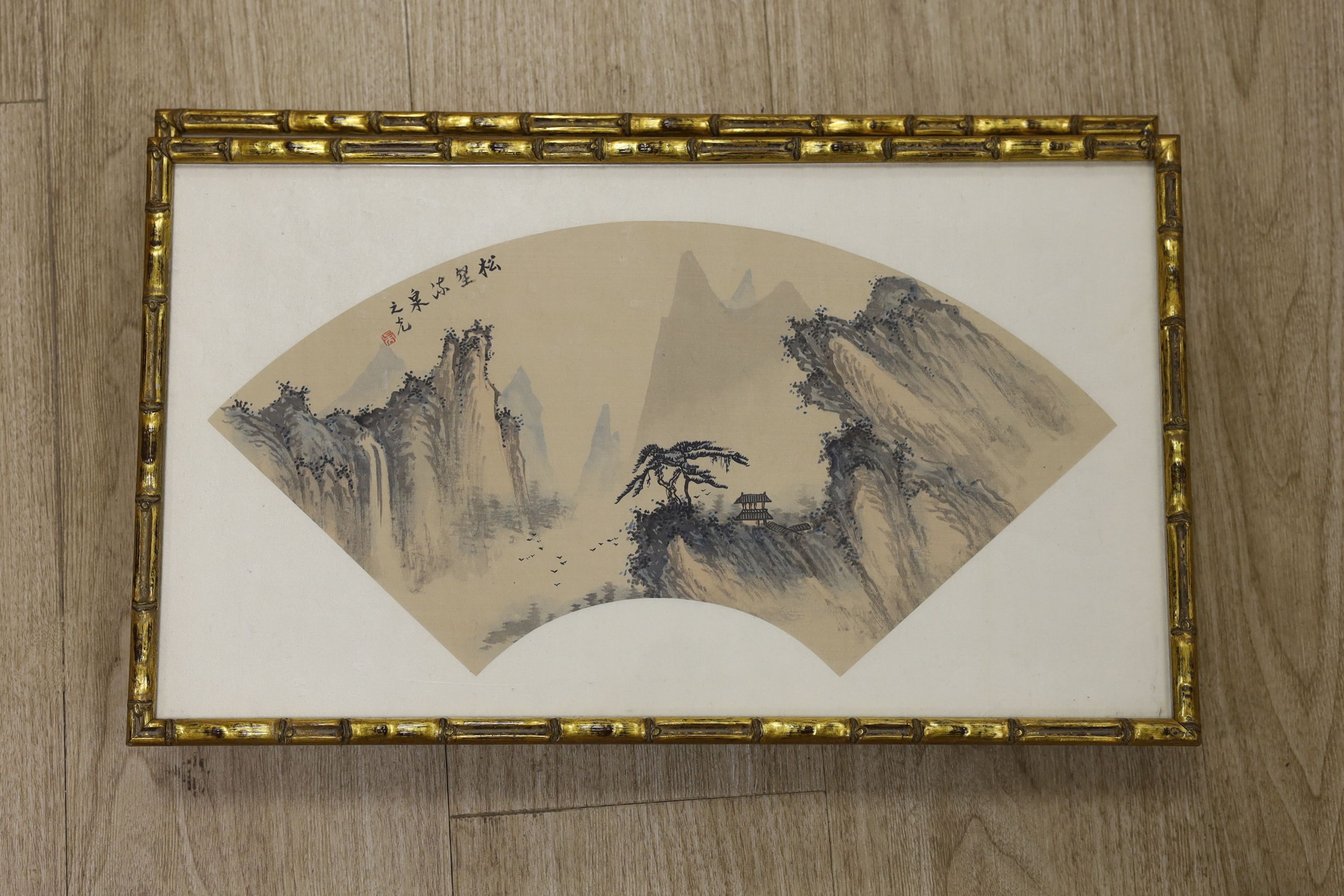 Two Chinese embroideries and two Chinese printed fans (framed)